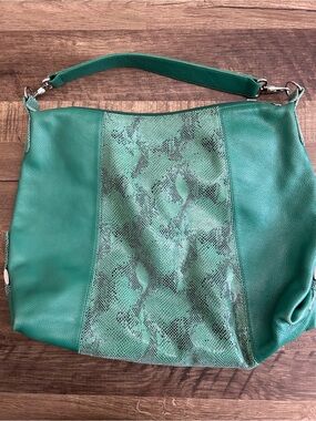Soprano Teal Green Leather Shoulder Bag with Snake Print Embossed Panel